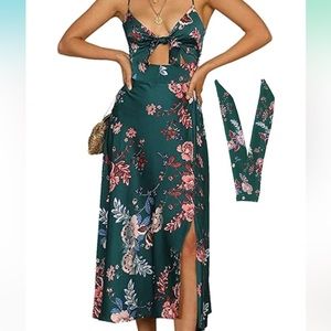 Floral Satin Green Cutout Dress